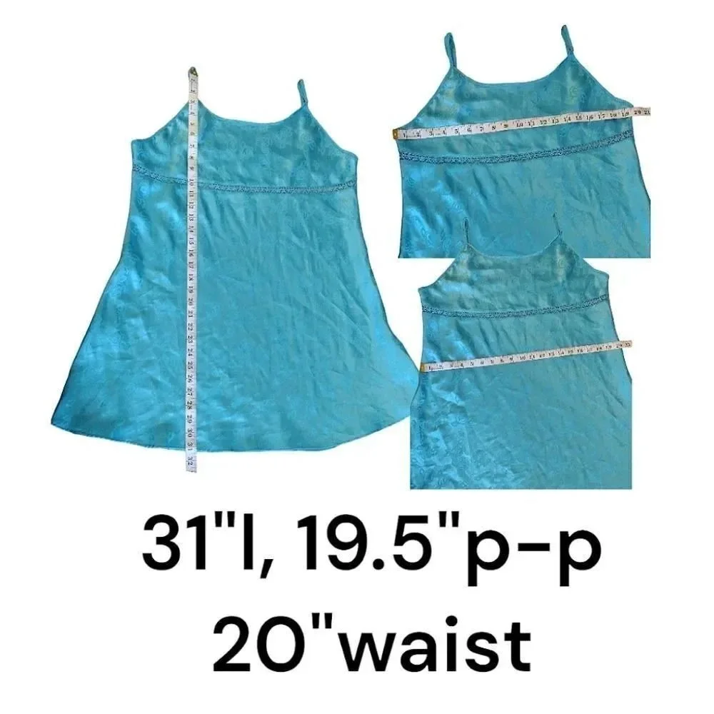 VTG 80s Teal Satin Floral Embroidered Detail Mini Slip Dress Chemise‎ XL Festie - Picture 13 of 14